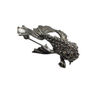 Vintage Silver Tone Koi Fish Brooch Pin With Rhinestones